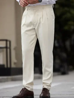 Men's Dress Pants Trousers Chinos Slacks Buttons Pocket Pleats Plaid Comfort Formal Party Work Fashion Classic Style Apricot Micro-elastic