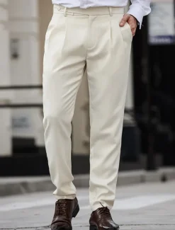 Men's Dress Pants Trousers Chinos Slacks Buttons Pocket Pleats Plaid Comfort Formal Party Work Fashion Classic Style Apricot Micro-elastic