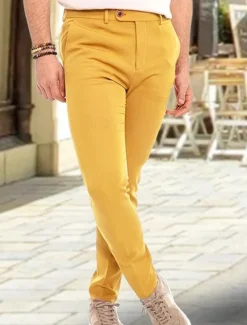 Men's Dress Pants Trousers Chinos Buttons Pocket Plain Comfort Formal Party Work Fashion Classic Style Yellow Pink Micro-elastic