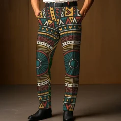 Men's Dress Pants Trousers Suit Pants Geometric Ethnic Full Length Outdoor Casual Retro Vintage Dark Green Dark Blue Micro-elastic
