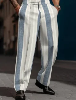 Men's Dress Pants Trousers Casual Pants Suit Pants Buttons Front Pocket Straight Leg Stripe Comfort Business Daily Holiday Fashion Chic & Modern Black Blue