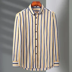 Men's Dress Shirt Button Down Shirt Non Iron Shirt Striped Shirt Stretch Stripe Wedding Office & Career Black White Yellow Dark Navy Long Sleeve Shirt Collar All Seasons Clothing Apparel Print