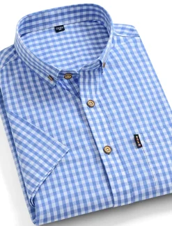 Men's Dress Shirt Button Down Shirt Stripes and Plaid Wedding Office & Career Black Red Dark Navy Blue Short Sleeve Turndown Spring & Summer Clothing Apparel