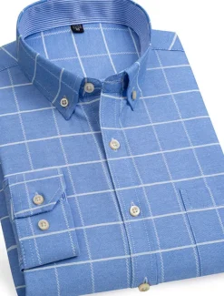 Men's Dress Shirt Button Down Shirt Non Iron Shirt Oxford Shirt Stripes and Plaid Wedding Vacation Light Yellow Denim Blue White Yellow Long Sleeve Turndown All Seasons Clothing Apparel Button-Down