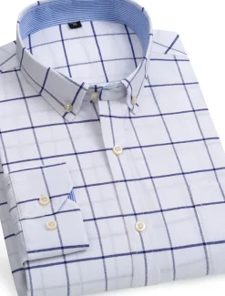 Men's Dress Shirt Button Down Shirt Non Iron Shirt Oxford Shirt Stripes and Plaid Wedding Vacation Light Yellow Denim Blue White Yellow Long Sleeve Turndown All Seasons Clothing Apparel Button-Down