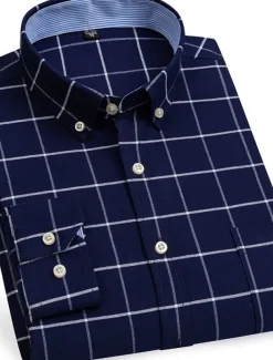 Men's Dress Shirt Button Down Shirt Non Iron Shirt Oxford Shirt Stripes and Plaid Wedding Vacation Light Yellow Denim Blue White Yellow Long Sleeve Turndown All Seasons Clothing Apparel Button-Down