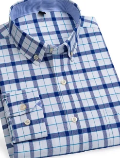 Men's Dress Shirt Button Down Shirt Non Iron Shirt Oxford Shirt Stripes and Plaid Wedding Vacation Light Yellow Denim Blue White Yellow Long Sleeve Turndown All Seasons Clothing Apparel Button-Down