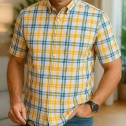 Men's Dress Shirt Casual Shirt Plaid Check Shirt Graphic Prints Square Neck Light Yellow Light Pink Black / Gray White / Green Sea Blue Casual Daily Short Sleeve collared shirts Clothing Apparel