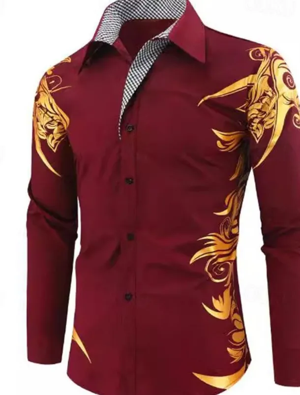 Men's Dress Shirt Collared Shirt Button Up Shirt Graphic Wedding Vacation Black White Light Green Wine Long Sleeve Collar Summer Spring Clothing Apparel