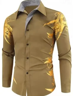 Men's Dress Shirt Collared Shirt Button Up Shirt Graphic Wedding Vacation Black White Light Green Wine Long Sleeve Collar Summer Spring Clothing Apparel