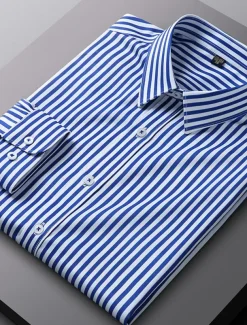 Men's Dress Shirt Non Iron Shirt Stripe Wedding Vacation Black Light Green Red Royal Blue Long Sleeve Turndown All Seasons Clothing Apparel Button-Down