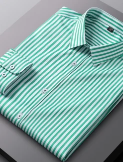 Men's Dress Shirt Non Iron Shirt Stripe Wedding Vacation Black Light Green Red Royal Blue Long Sleeve Turndown All Seasons Clothing Apparel Button-Down