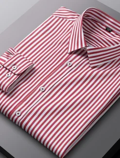 Men's Dress Shirt Non Iron Shirt Stripe Wedding Vacation Black Light Green Red Royal Blue Long Sleeve Turndown All Seasons Clothing Apparel Button-Down