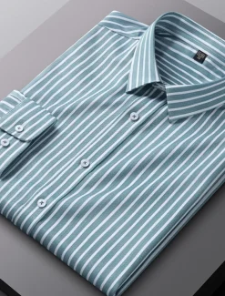 Men's Dress Shirt Non Iron Shirt Stripe Wedding Vacation Black Light Green Red Royal Blue Long Sleeve Turndown All Seasons Clothing Apparel Button-Down