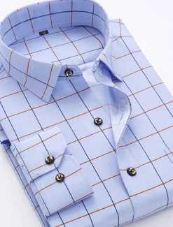 Men's Dress Shirt Non Iron Shirt Stretch Plaid / Striped / Chevron / Round Wedding Office & Career Light Pink Light Blue Black White Turndown Spring & Summer All Seasons Clothing Apparel