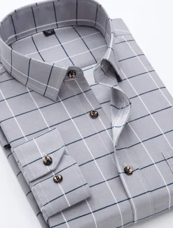 Men's Dress Shirt Non Iron Shirt Stretch Plaid / Striped / Chevron / Round Wedding Office & Career Light Pink Light Blue Black White Turndown Spring & Summer All Seasons Clothing Apparel