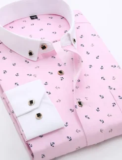 Men's Dress Shirt Non Iron Shirt Stretch Plaid / Striped / Chevron / Round Wedding Office & Career Light Pink Light Blue Black White Turndown Spring & Summer All Seasons Clothing Apparel