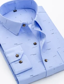 Men's Dress Shirt Non Iron Shirt Stretch Plaid / Striped / Chevron / Round Wedding Office & Career Light Pink Light Blue Black White Turndown Spring & Summer All Seasons Clothing Apparel