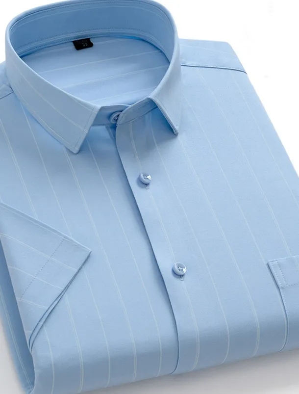 Men's Dress Shirt Non Iron Shirt Stripes and Plaid Wedding Office & Career Light Blue Light Green Pink Navy Blue Short Sleeve Turndown All Seasons Clothing Apparel