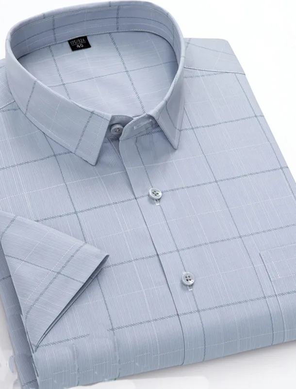 Men's Dress Shirt Non Iron Shirt Stripes and Plaid Wedding Office & Career Light Blue Light Green Pink Navy Blue Short Sleeve Turndown All Seasons Clothing Apparel