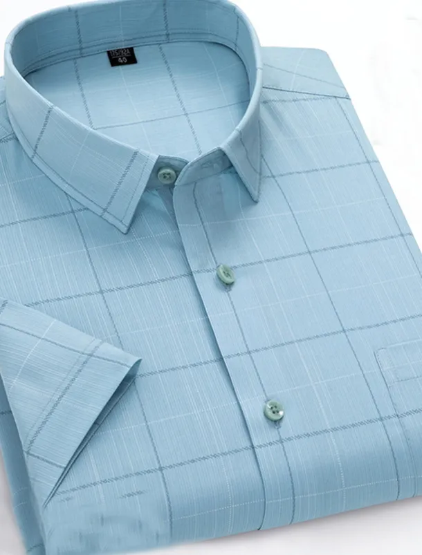 Men's Dress Shirt Non Iron Shirt Stripes and Plaid Wedding Office & Career Light Blue Light Green Pink Navy Blue Short Sleeve Turndown All Seasons Clothing Apparel