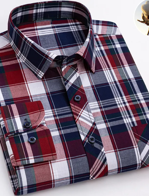 Men's Dress Shirt Plaid Wedding Office / Career Light Yellow Light Blue Black Wine Long Sleeve Turndown Spring & Fall Clothing Apparel Front Pocket