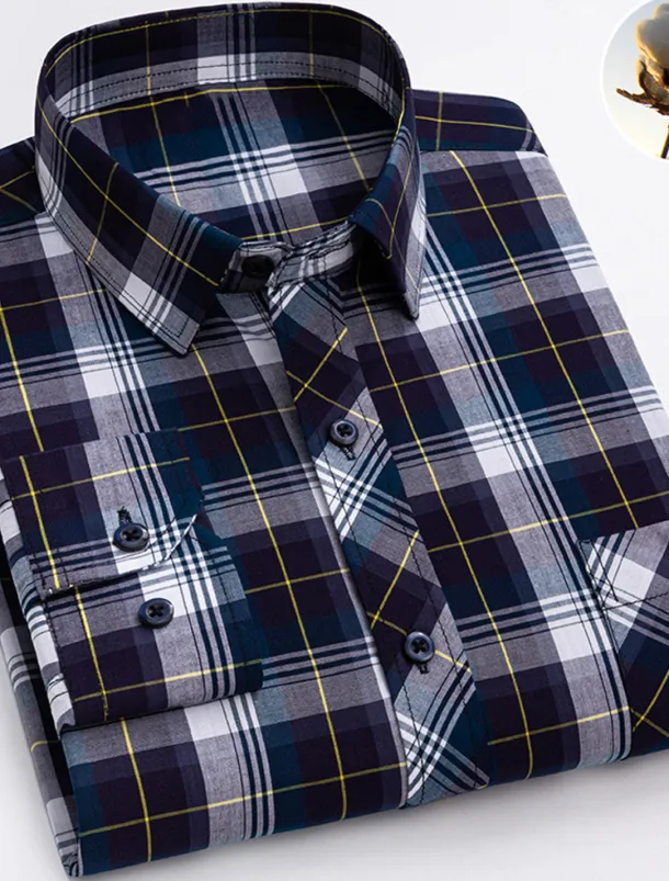 Men's Dress Shirt Plaid Wedding Office / Career Light Yellow Light Blue Black Wine Long Sleeve Turndown Spring & Fall Clothing Apparel Front Pocket