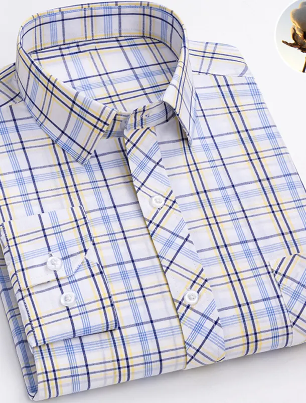 Men's Dress Shirt Plaid Wedding Office / Career Light Yellow Light Blue Black Wine Long Sleeve Turndown Spring & Fall Clothing Apparel Front Pocket