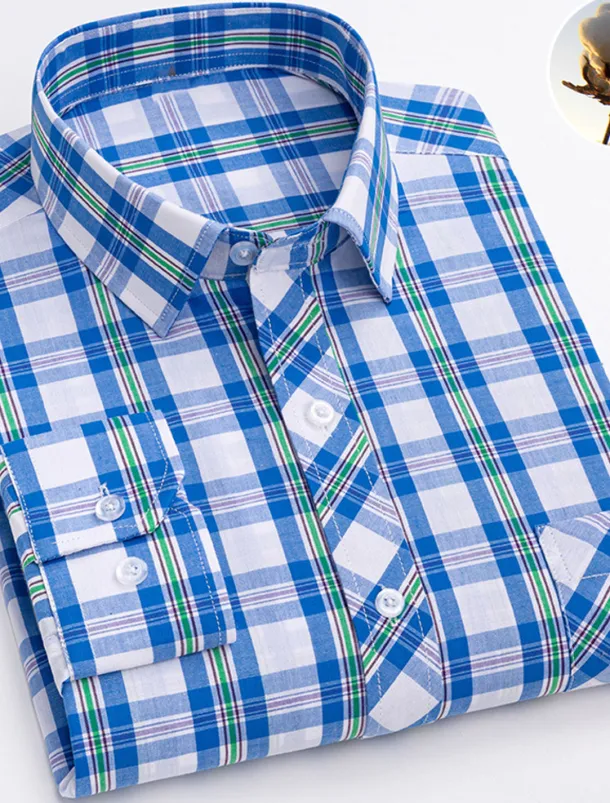 Men's Dress Shirt Plaid Wedding Office / Career Light Yellow Light Blue Black Wine Long Sleeve Turndown Spring & Fall Clothing Apparel Front Pocket