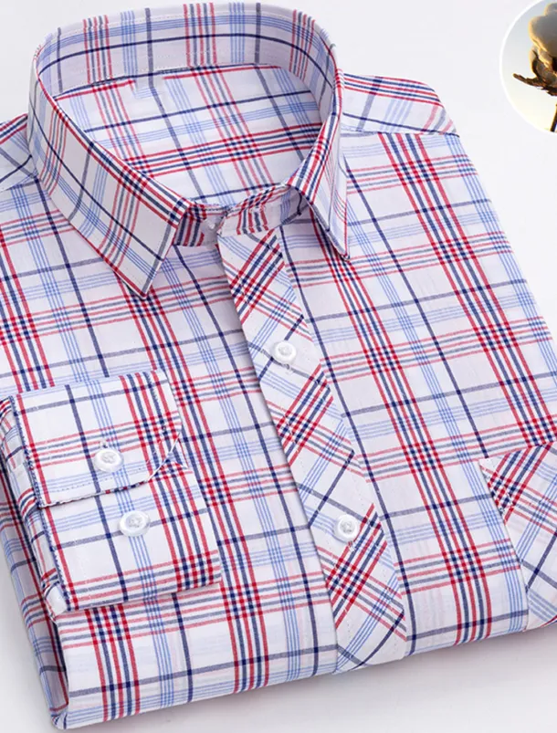 Men's Dress Shirt Plaid Wedding Office / Career Light Yellow Light Blue Black Wine Long Sleeve Turndown Spring & Fall Clothing Apparel Front Pocket
