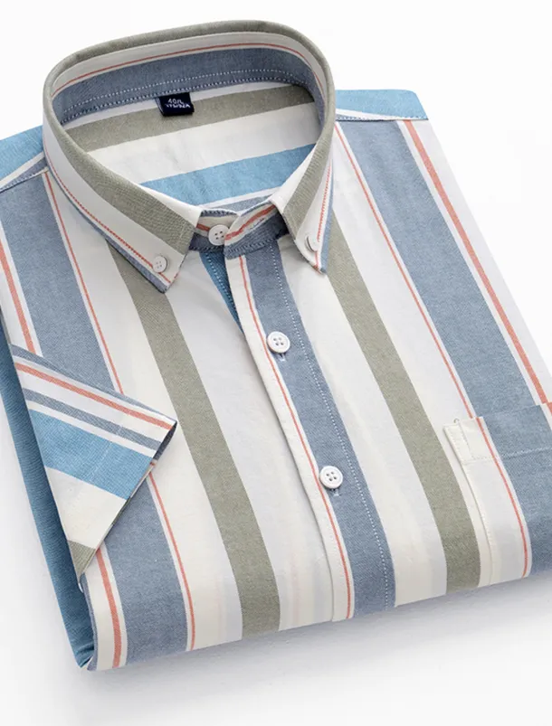 Men's Dress Shirt Striped Shirt Button Down Shirt Oxford Shirt Stripe Wedding Office & Career Black Light Green Royal Blue Blue Short Sleeve Shirt Collar Summer Clothing Apparel Print