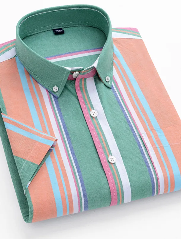 Men's Dress Shirt Striped Shirt Button Down Shirt Oxford Shirt Stripe Wedding Office & Career Black Light Green Royal Blue Blue Short Sleeve Shirt Collar Summer Clothing Apparel Print