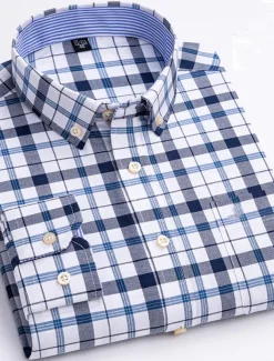 Men's Dress Shirt Striped Shirt Button Down Shirt Non Iron Shirt Oxford Shirt Plaid / Striped / Chevron / Round Wedding Office & Career Light Blue Dark Red Red Dark Navy Long Sleeve Shirt Collar All