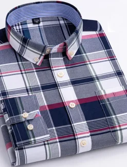 Men's Dress Shirt Striped Shirt Button Down Shirt Non Iron Shirt Oxford Shirt Plaid / Striped / Chevron / Round Wedding Office & Career Light Blue Dark Red Red Dark Navy Long Sleeve Shirt Collar All
