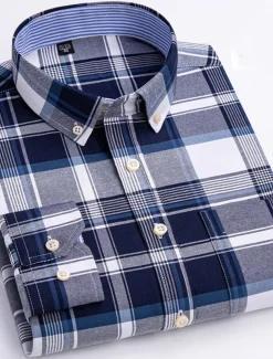 Men's Dress Shirt Striped Shirt Button Down Shirt Non Iron Shirt Oxford Shirt Plaid / Striped / Chevron / Round Wedding Office & Career Light Blue Dark Red Red Dark Navy Long Sleeve Shirt Collar All