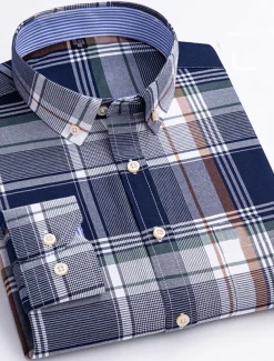 Men's Dress Shirt Striped Shirt Button Down Shirt Non Iron Shirt Oxford Shirt Plaid / Striped / Chevron / Round Wedding Office & Career Light Blue Dark Red Red Dark Navy Long Sleeve Shirt Collar All