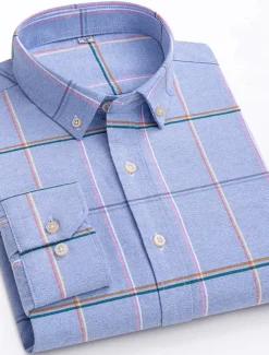 Men's Dress Shirt Striped Shirt Button Down Shirt Non Iron Shirt Oxford Shirt Plaid / Striped / Chevron / Round Wedding Office & Career Light Blue Dark Red Red Dark Navy Long Sleeve Shirt Collar All