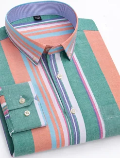 Men's Dress Shirt Striped Shirt Button Down Shirt Non Iron Shirt Oxford Shirt Plaid / Striped / Chevron / Round Wedding Office & Career Light Blue Dark Red Red Dark Navy Long Sleeve Shirt Collar All