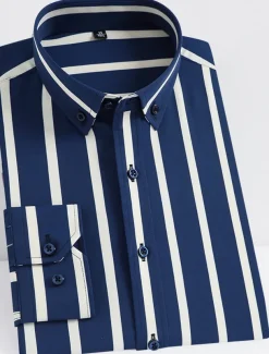 Men's Dress Shirt Striped Shirt Wrinkle Resistant Stretch Stripes and Plaid Wedding Office & Career Black Yellow Dark Pink Red Long Sleeve Turndown All Seasons Clothing Apparel