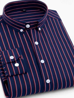 Men's Dress Shirt Striped Shirt Wrinkle Resistant Stretch Stripes and Plaid Wedding Office & Career Black Yellow Dark Pink Red Long Sleeve Turndown All Seasons Clothing Apparel