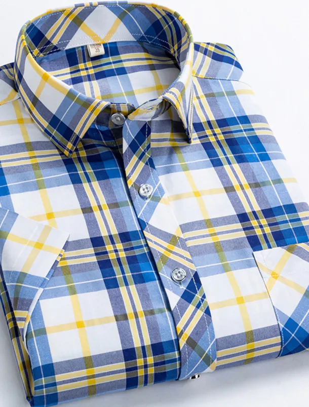 Men's Dress Shirt Stripes and Plaid Wedding Office & Career Yellow Dark Pink Blue Sky Blue Short Sleeve Turndown Spring & Summer Clothing Apparel
