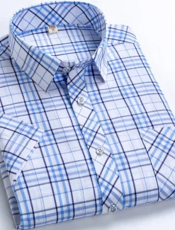 Men's Dress Shirt Stripes and Plaid Wedding Office & Career Yellow Dark Pink Blue Sky Blue Short Sleeve Turndown Spring & Summer Clothing Apparel