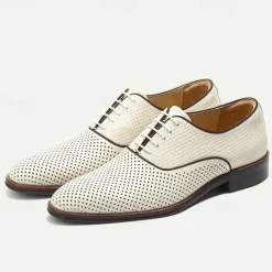 Men's Dress Shoes Perforated Brown Leather Sleek Lace-Up Oxford