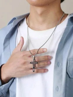 Men's Dual-Tone Stainless Steel Cross Pendant Necklace – Silver and Gold Finish, Modern Religious Jewelry