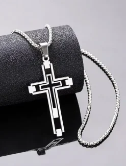 Men's Dual-Tone Stainless Steel Cross Pendant Necklace – Silver and Gold Finish, Modern Religious Jewelry