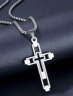 Men's Dual-Tone Stainless Steel Cross Pendant Necklace – Silver and Gold Finish, Modern Religious Jewelry