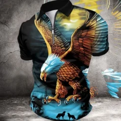 Men's Eagle Zip Polo Shirts Golf Shirt Short Sleeve Polo Shirts Collared Shirts Casual Funny Streetwear Vacation Wear Party Outfits 3D Print Quarter Zip Polo Summer Spring Blue