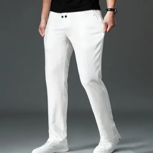 Men's Easy Care Cotton Linen Athletic Pants Active Pants Trousers Drawstring Elastic Drawstring Waist Solid Color Wearable Full Length Formal Wedding Outdoor Elegant Vacation Light Khaki Black Micro-e