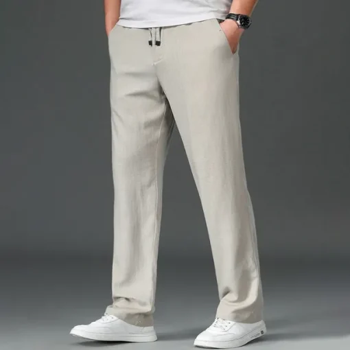 Men's Easy Care Cotton Linen Athletic Pants Active Pants Trousers Drawstring Elastic Drawstring Waist Solid Color Wearable Full Length Formal Wedding Outdoor Elegant Vacation Light Khaki Black Micro-e