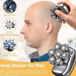 Men's Electric Head Shaver Razor - Rechargeable Cordless Hair Shaving Razors For Bald Man 6 In 1 Waterproof Wet Dry Beard Trimmer Body Hair Cutting Clipper Grooming Kit 7 Rotary Heads